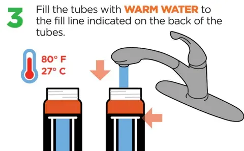 an illustration of a faucet filling tubes with warm water