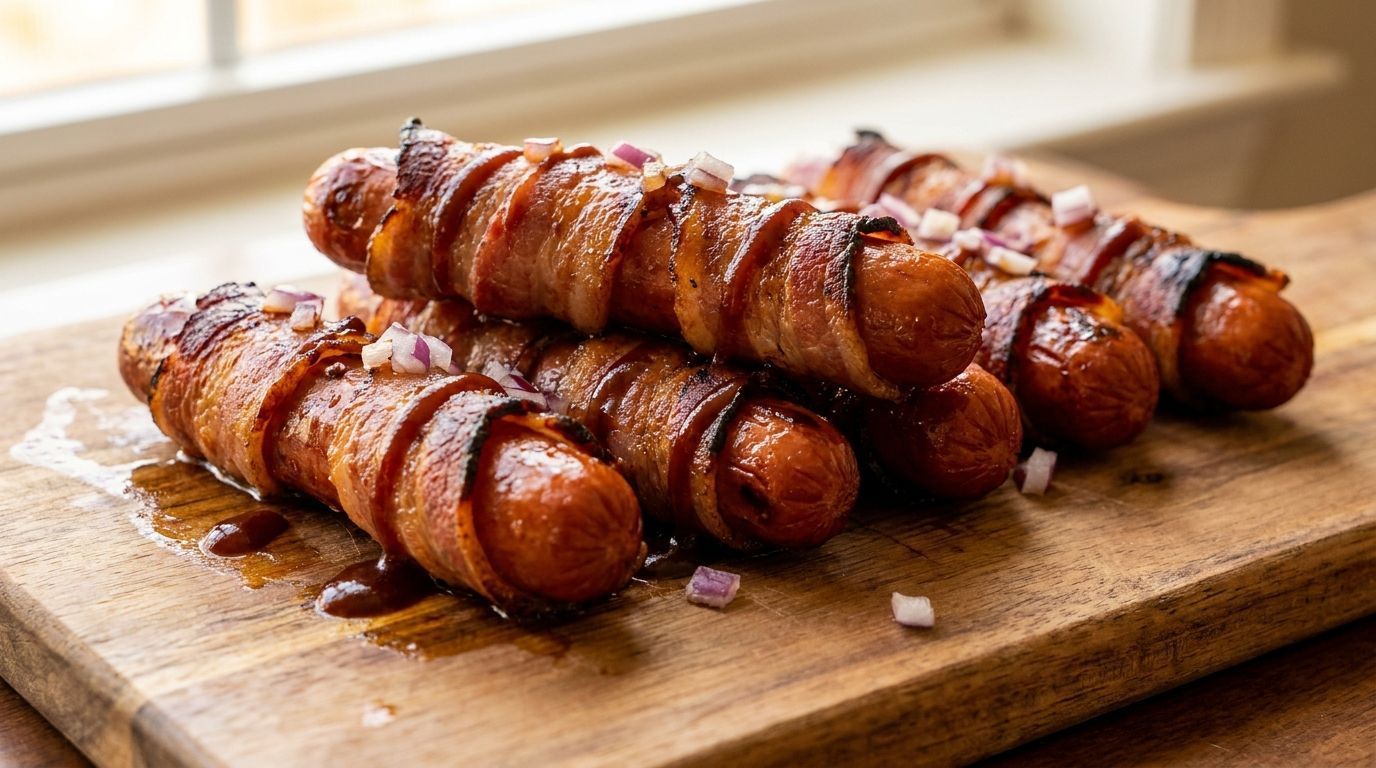 Glazed bacon-wrapped sausages stacked on a wooden cutting board near a bright window