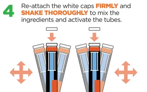 a diagram showing how to re-attach the white caps firmly and shake thoroughly to mix the ingredients and activate the tubes