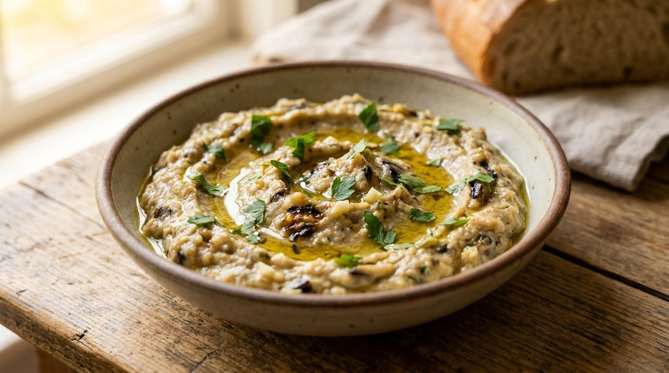 A bowl of creamy dip garnished with herbs and olive oil on a rustic wooden table.