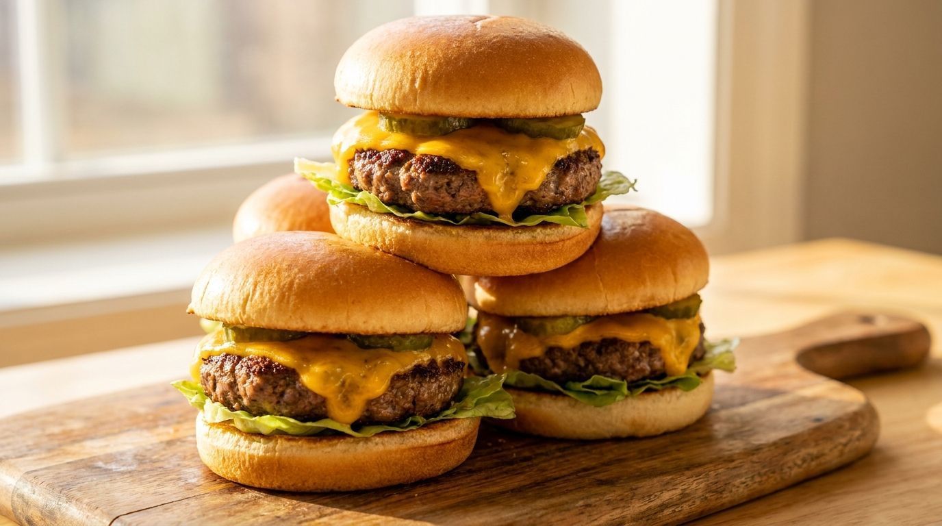Three cheeseburgers stacked on a wooden board by a sunlit window.