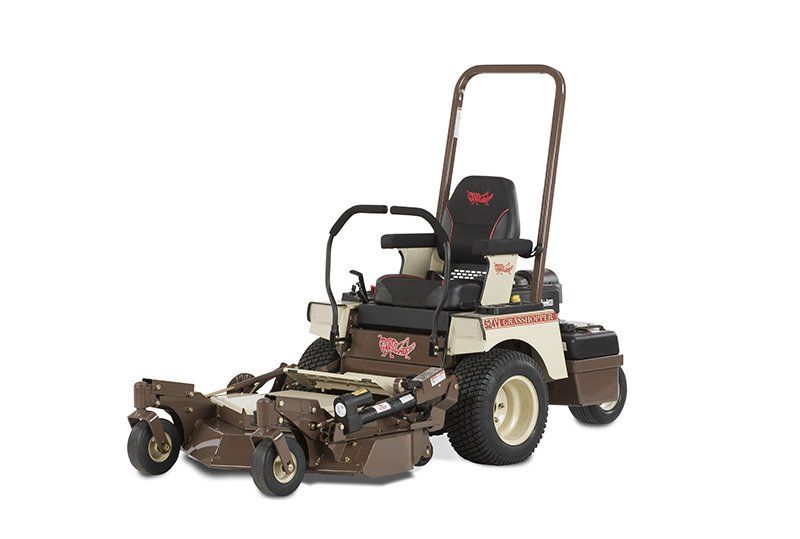 a brown and white lawn mower