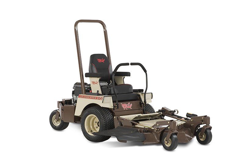 a brown and tan lawn mower with the word grasshopper on it