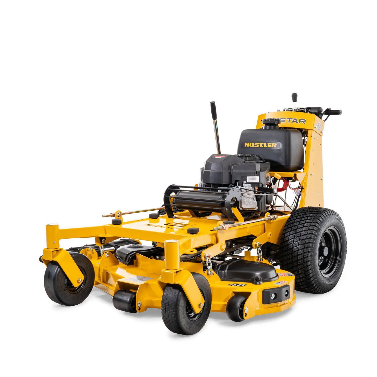 A yellow lawn mower is sitting on a white surface.