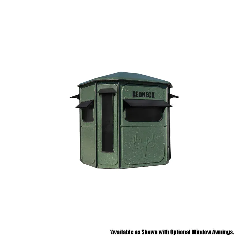 a green hunting blind with a window and awnings on a white background .