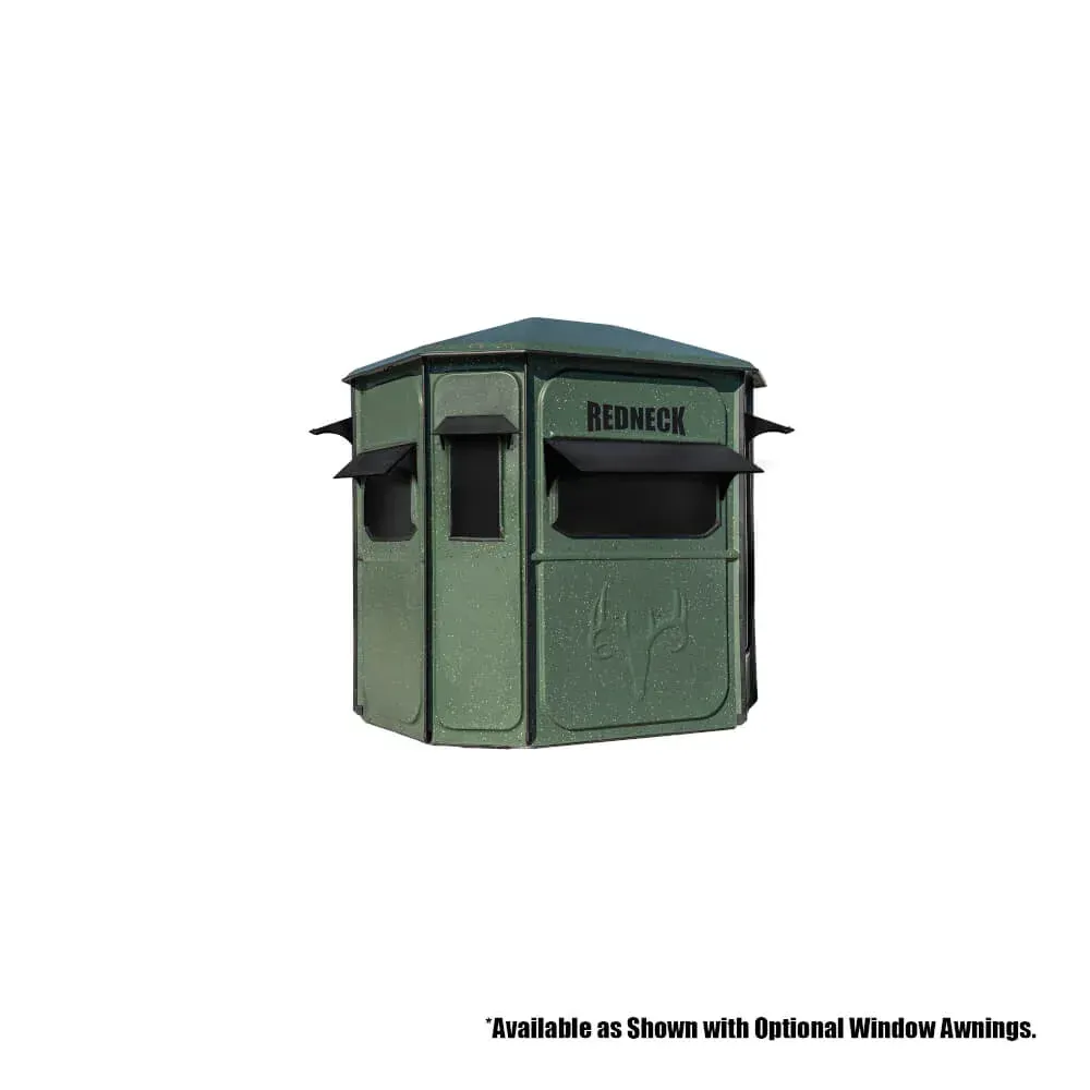 A green hunting blind is shown with optional window awnings.