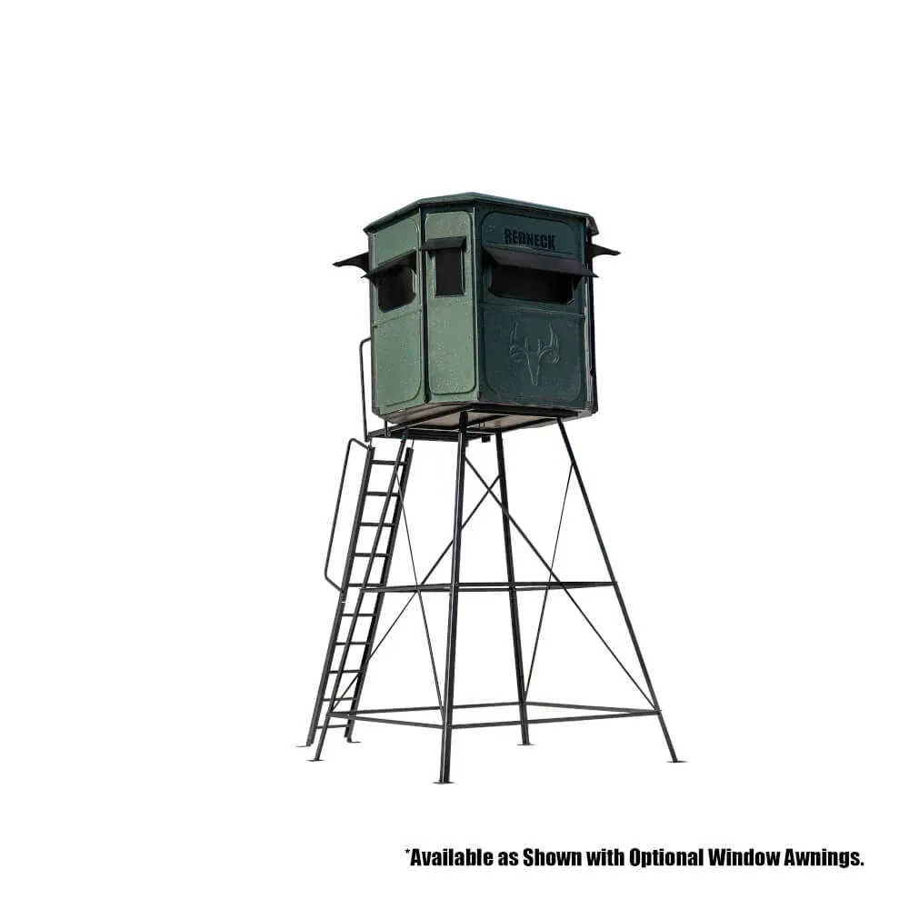 A green tower with a ladder attached to it on a white background.