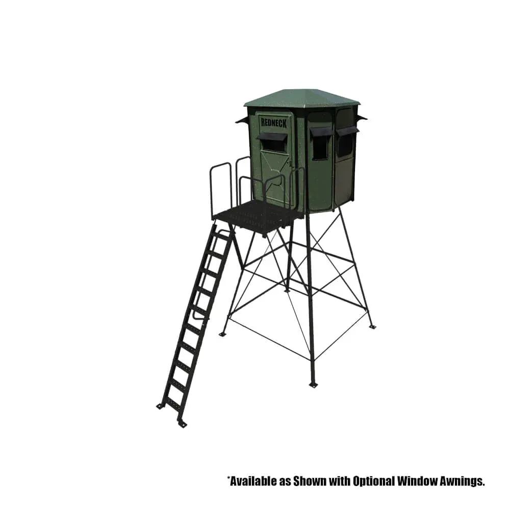 A deer stand with a ladder attached to it on a white background.