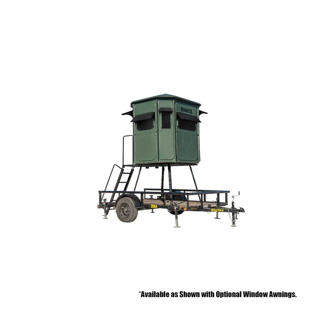 A green deer blind on a trailer with a ladder.