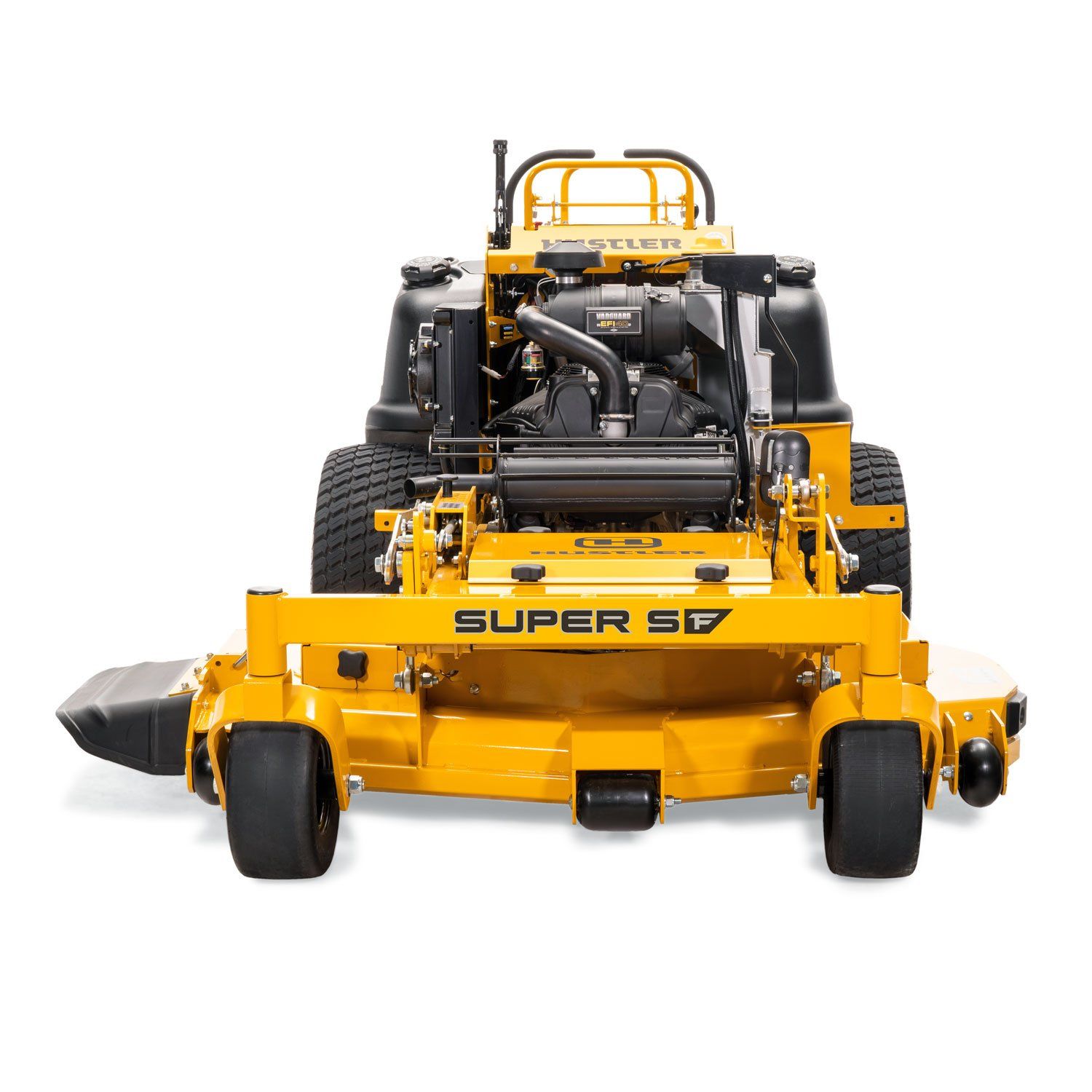 A hustler mower is sitting on a white surface.