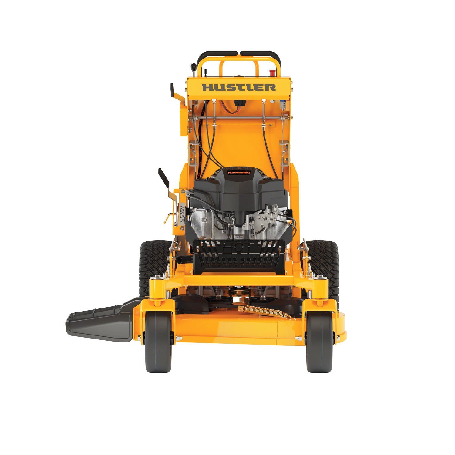 A yellow lawn mower is sitting on a white surface.