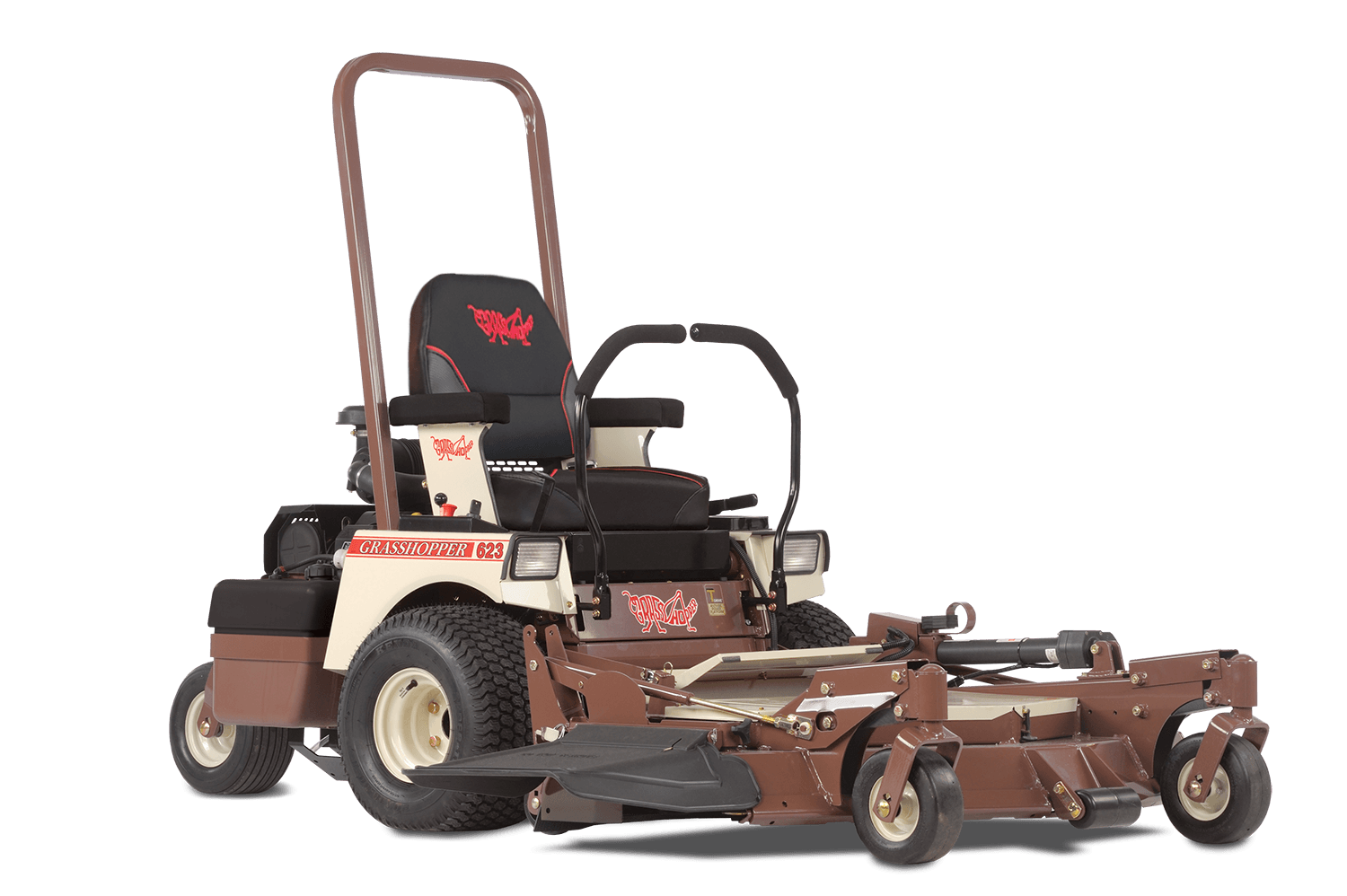 a brown and white grasshopper lawn mower on a white background