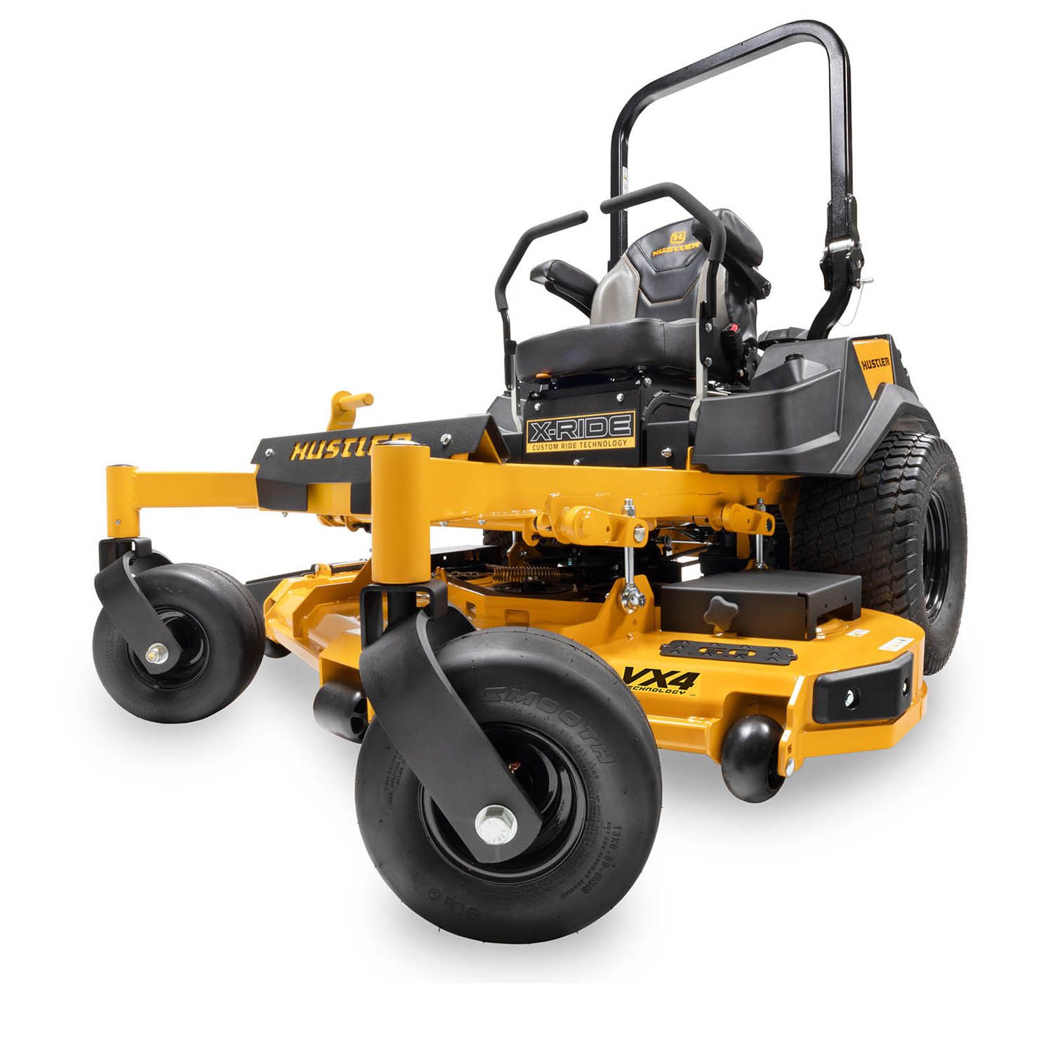 A yellow and black lawn mower on a white background.