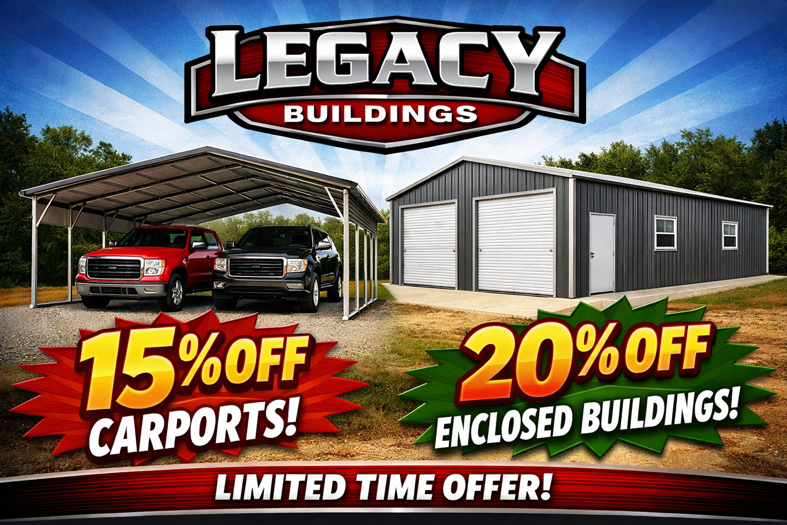 An advertisement for legacy buildings at M&D Enterprises