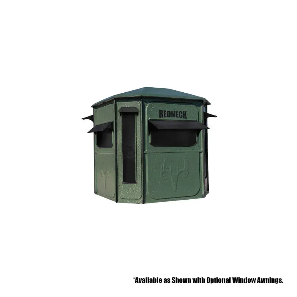 A green hunting blind with a window and awnings on a white background.