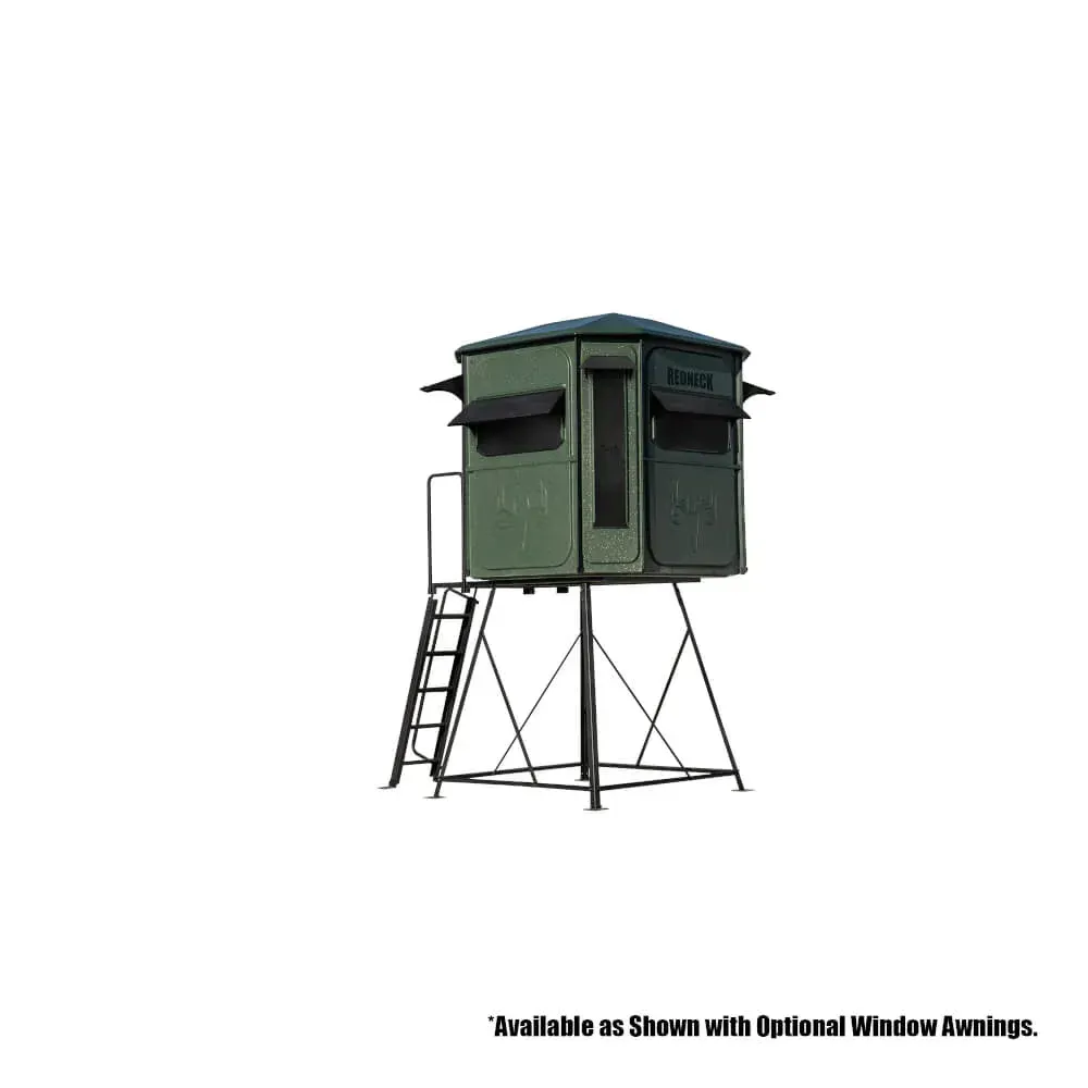 A green hunting blind with a ladder attached to it on a white background.