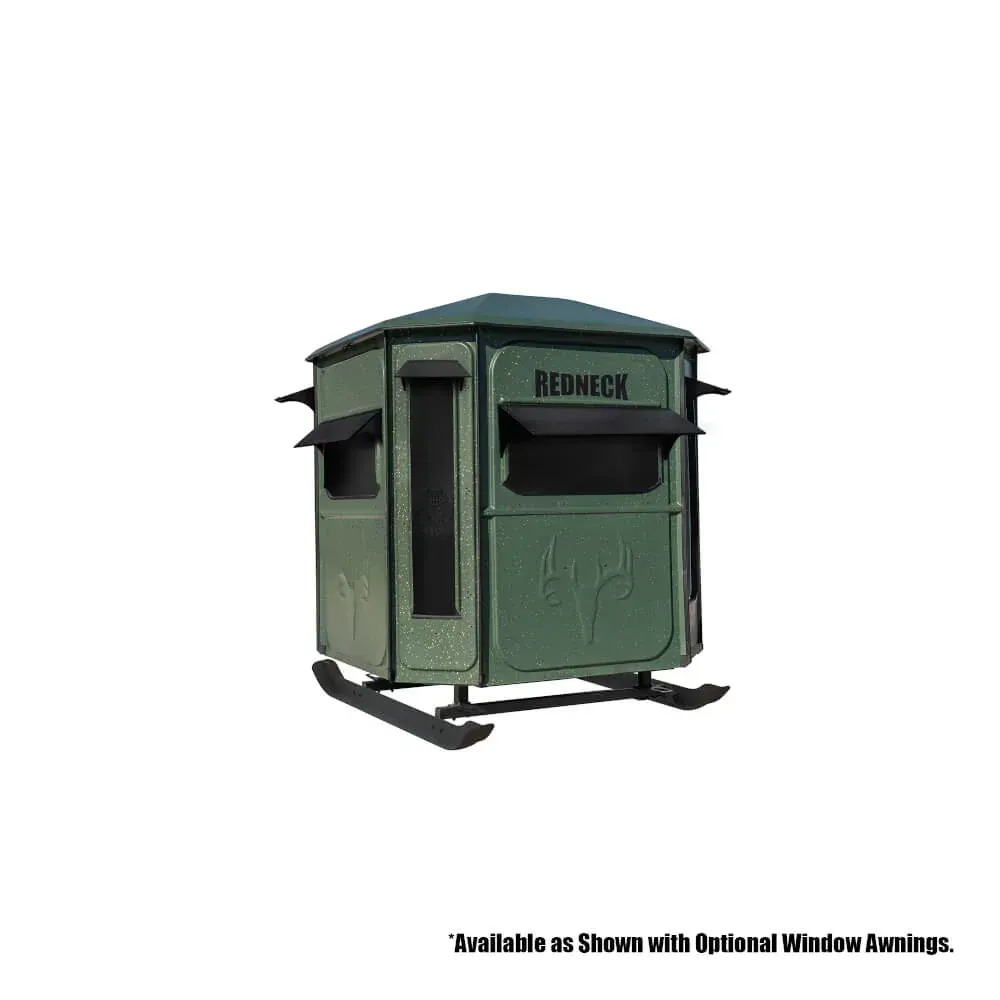 A 3d model of a deer stand with optional window awnings.