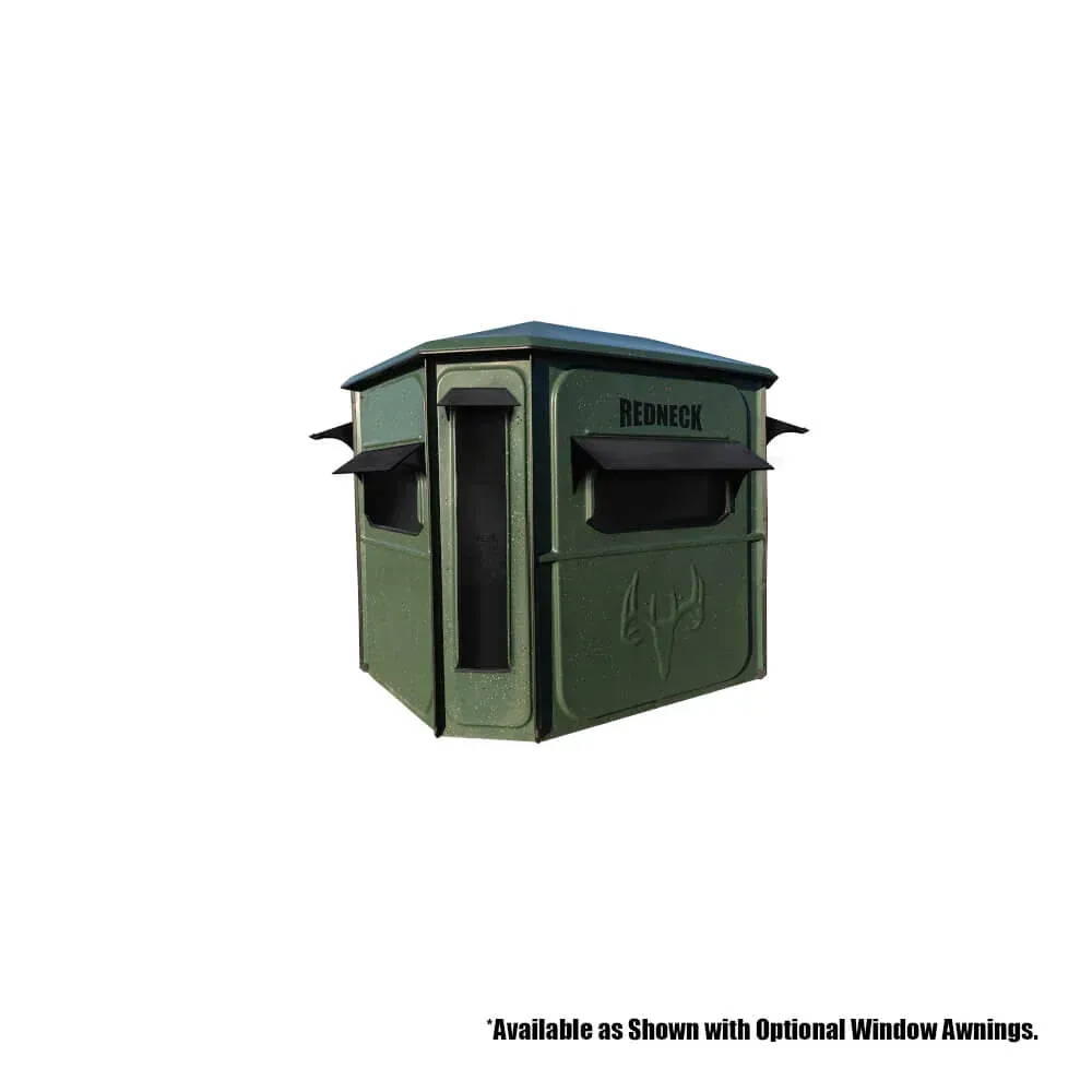 A green hunting blind with a window and awning on a white background.