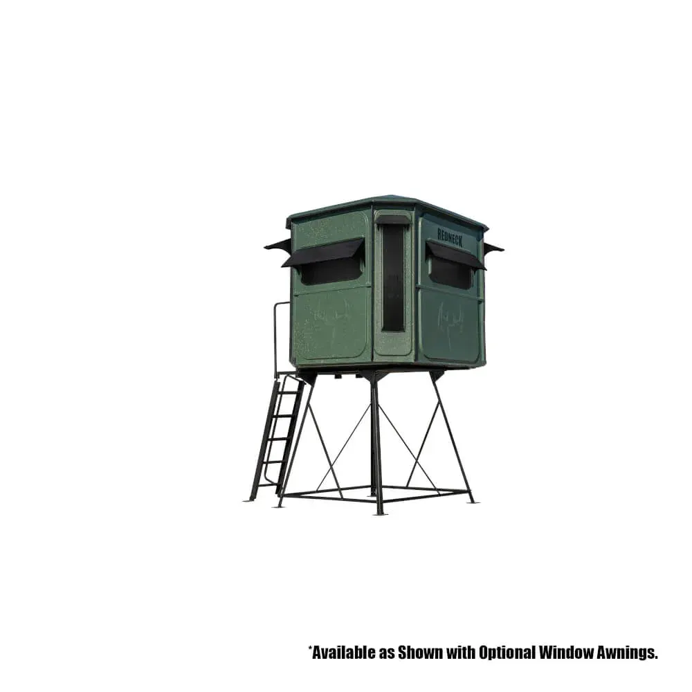 A green hunting blind with a ladder attached to it on a white background.