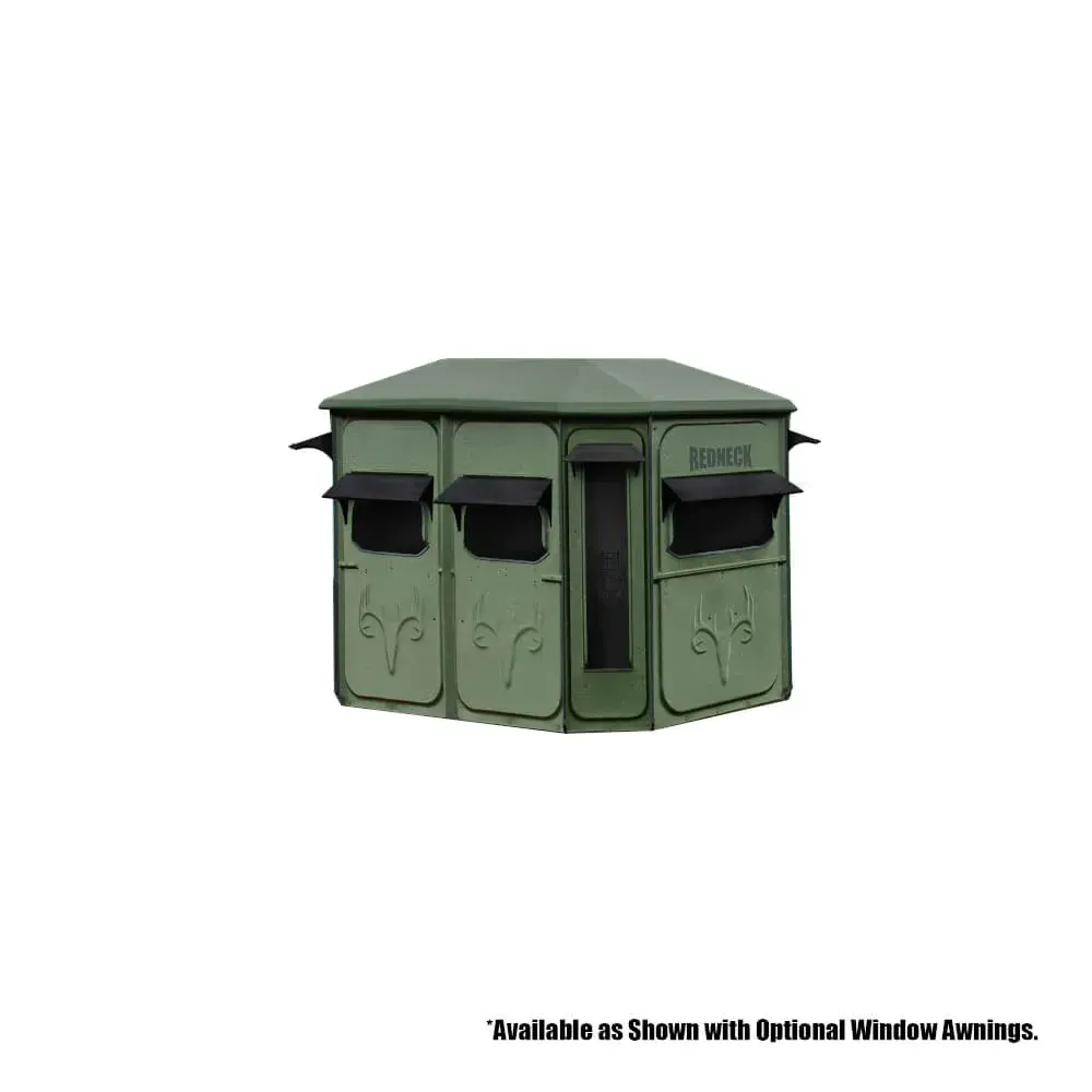 A green hunting blind with a window and awnings on a white background.