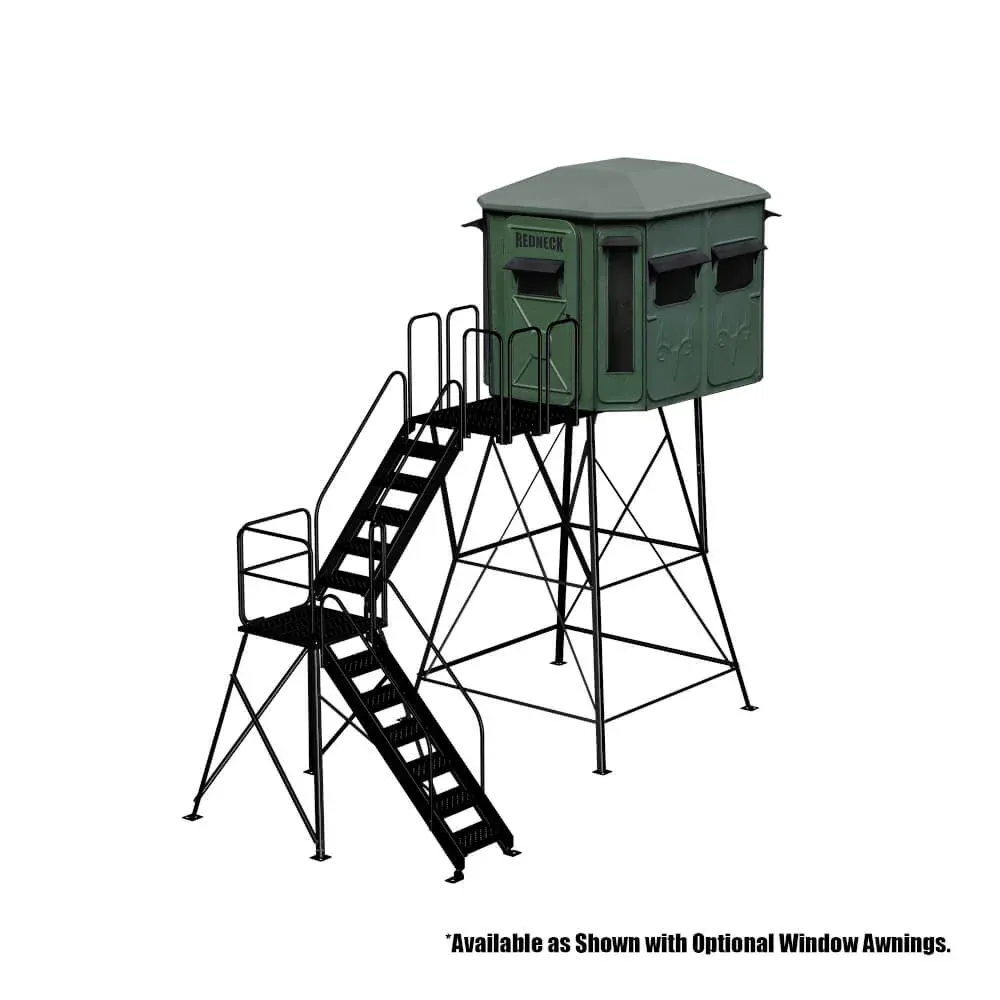 A hunting blind with stairs and a ladder attached to it.