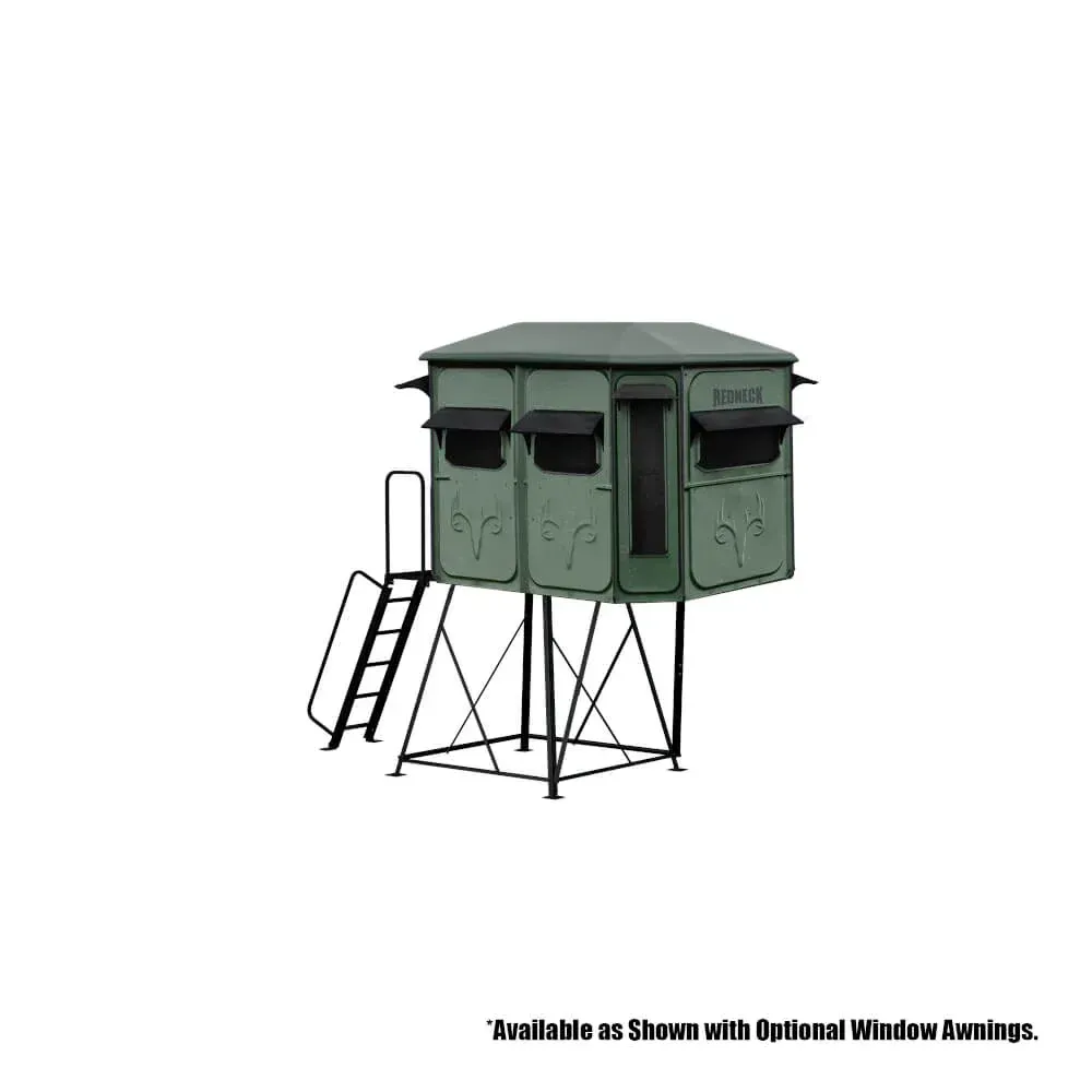 A green deer stand with a ladder attached to it on a white background.