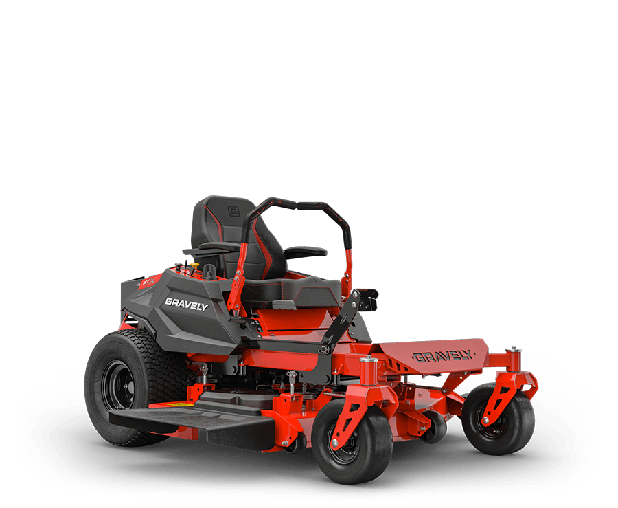 A red and black lgravely awn mower is sitting on a white surface.