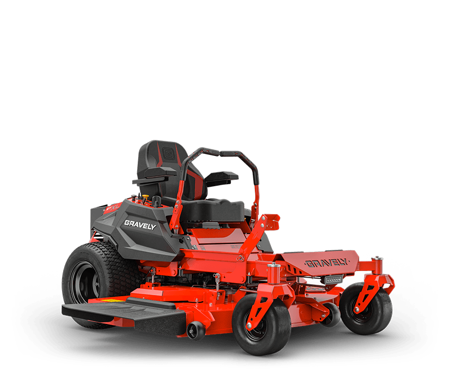A red and black gravely  mower is sitting on a white surface.