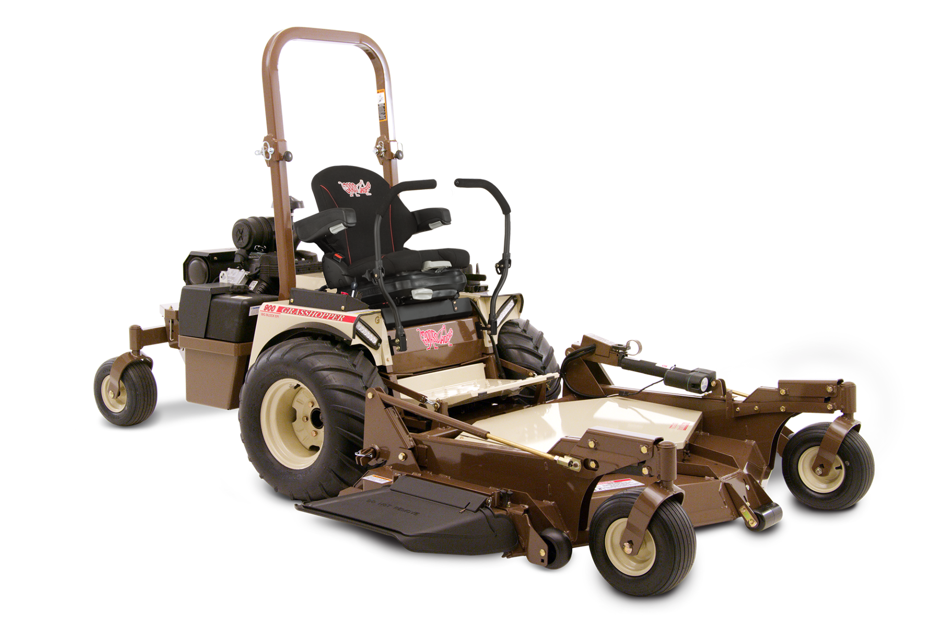 a brown and white lawn mower with a black seat
