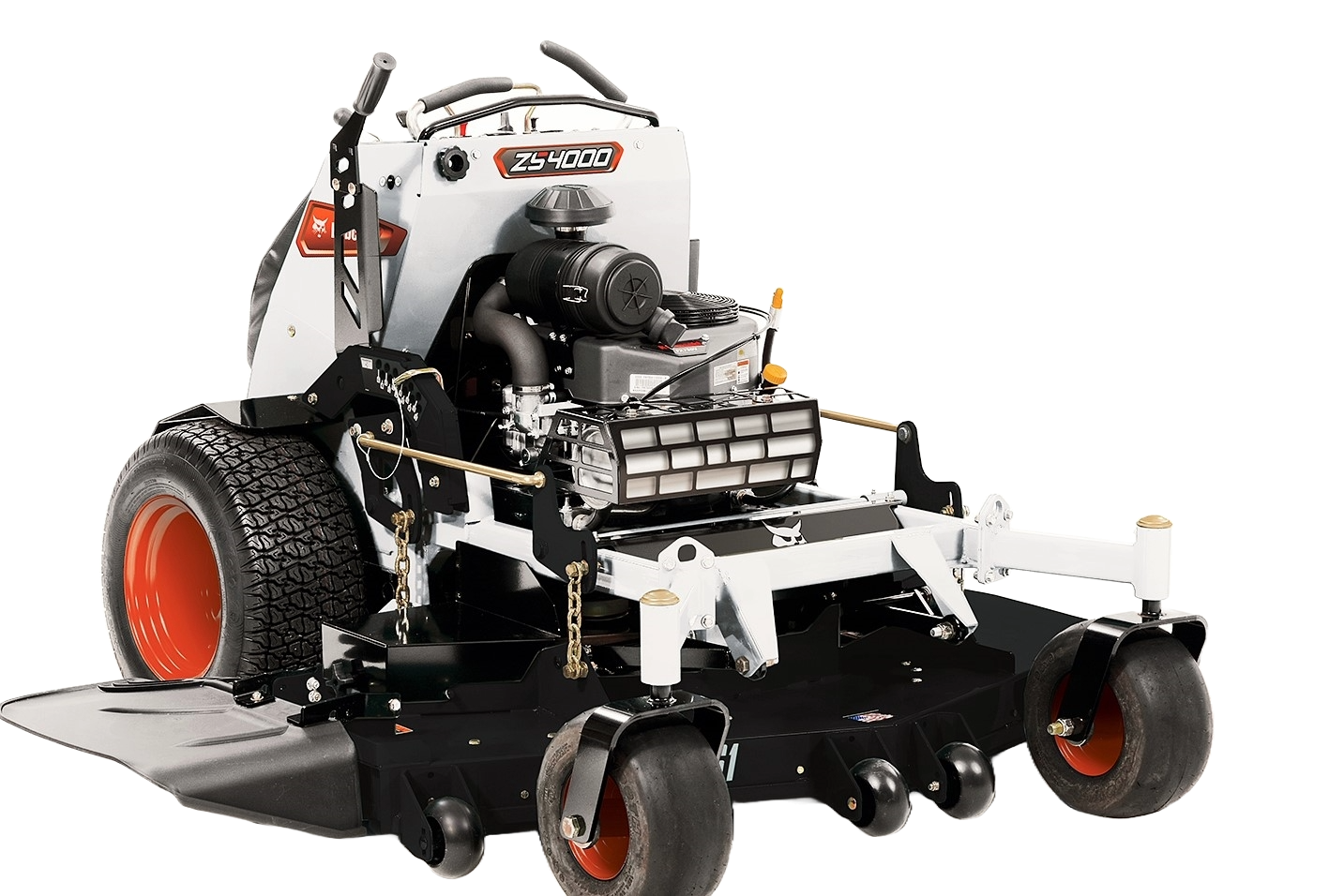 a black and white lawn mower with orange wheels on a white background .