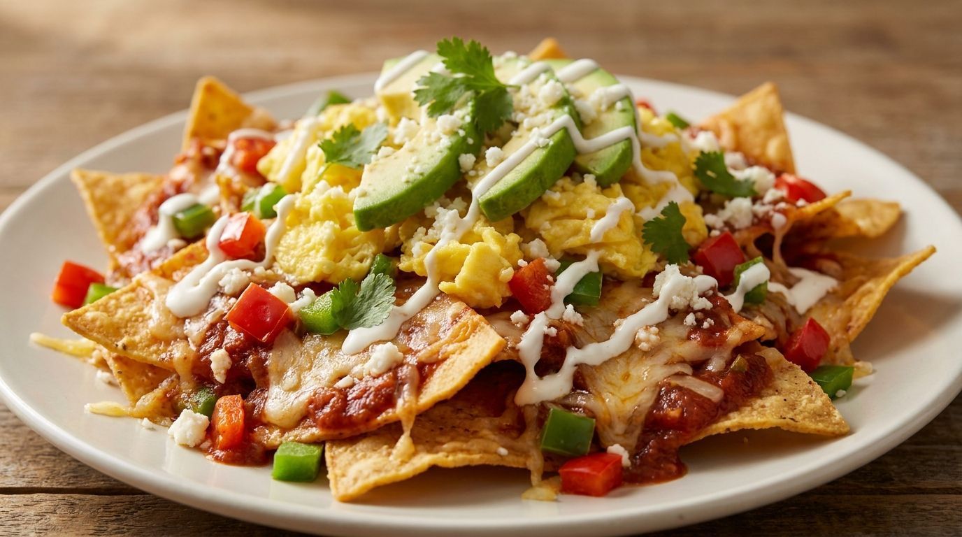 Plate of loaded nachos topped with avocado, cheese, salsa, and sour cream