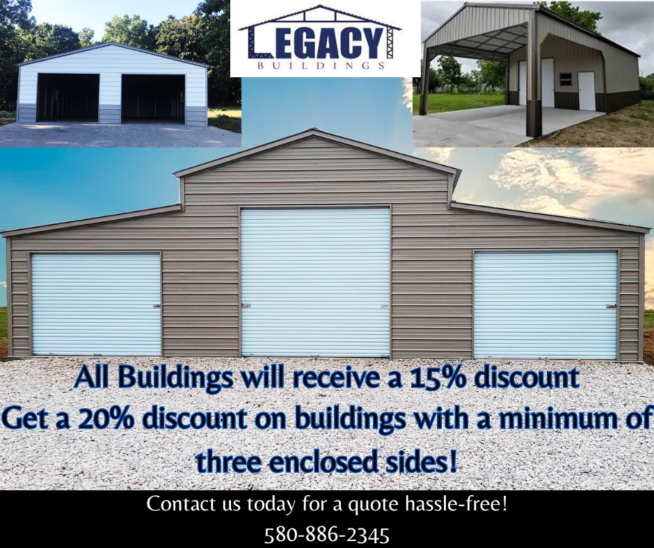 An advertisement for legacy buildings that says all buildings will receive a 15% discount on buildings with a minimum of three enclosed sides
