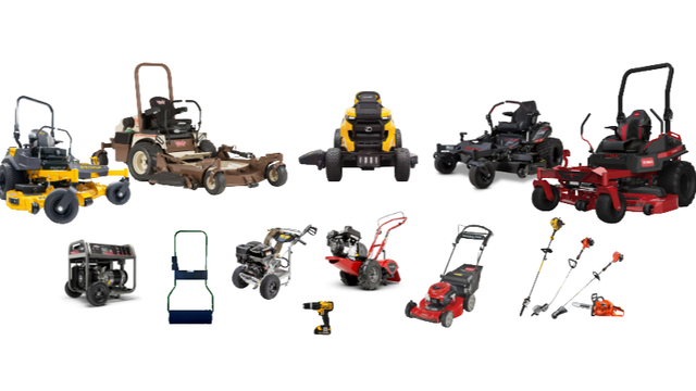 Assorted compact utility vehicles and attachments in yellow, brown, black, red, and blue on a white background