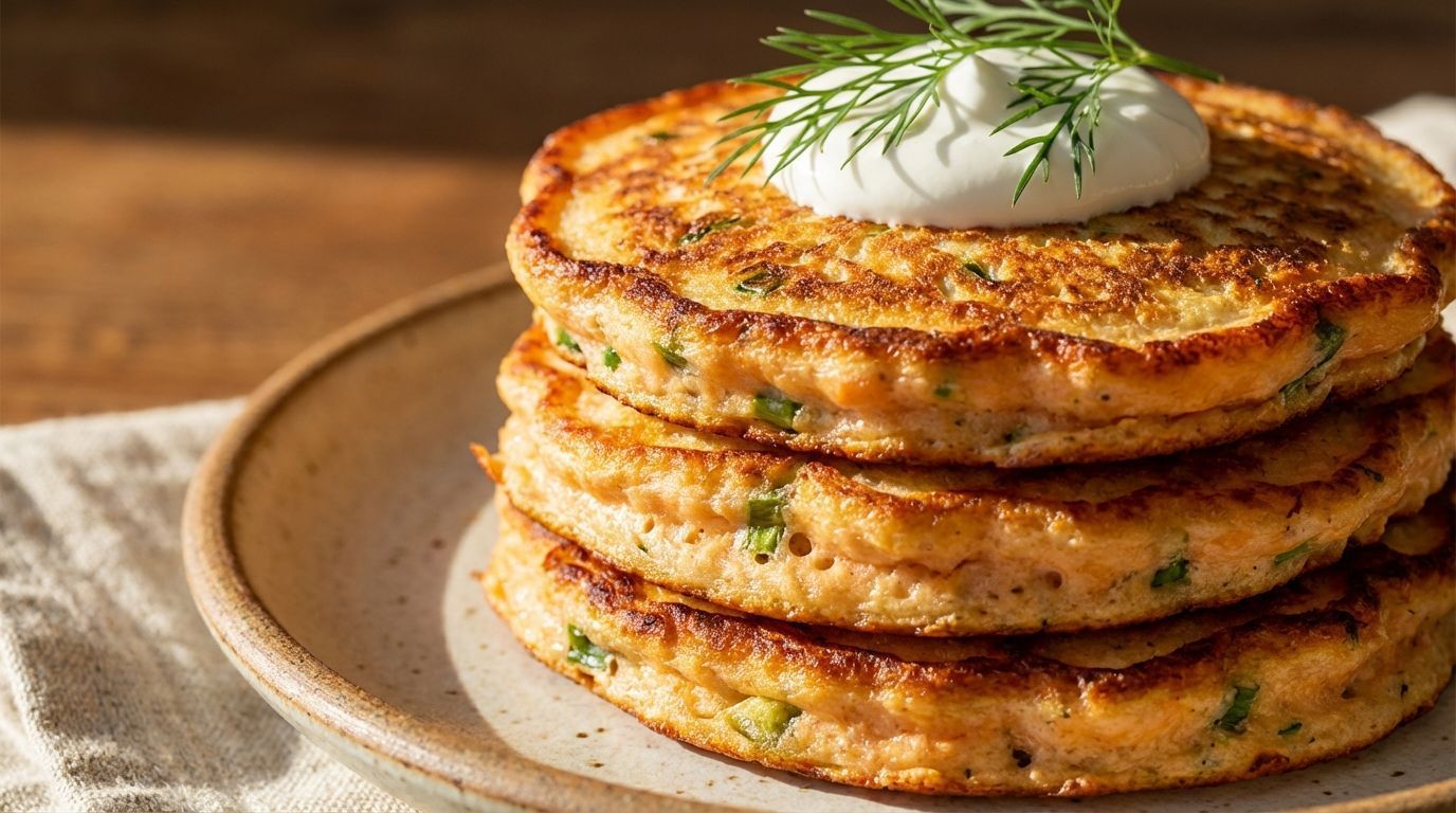 A stack of golden-brown savory pancakes topped with sour cream and fresh dill on a plate.