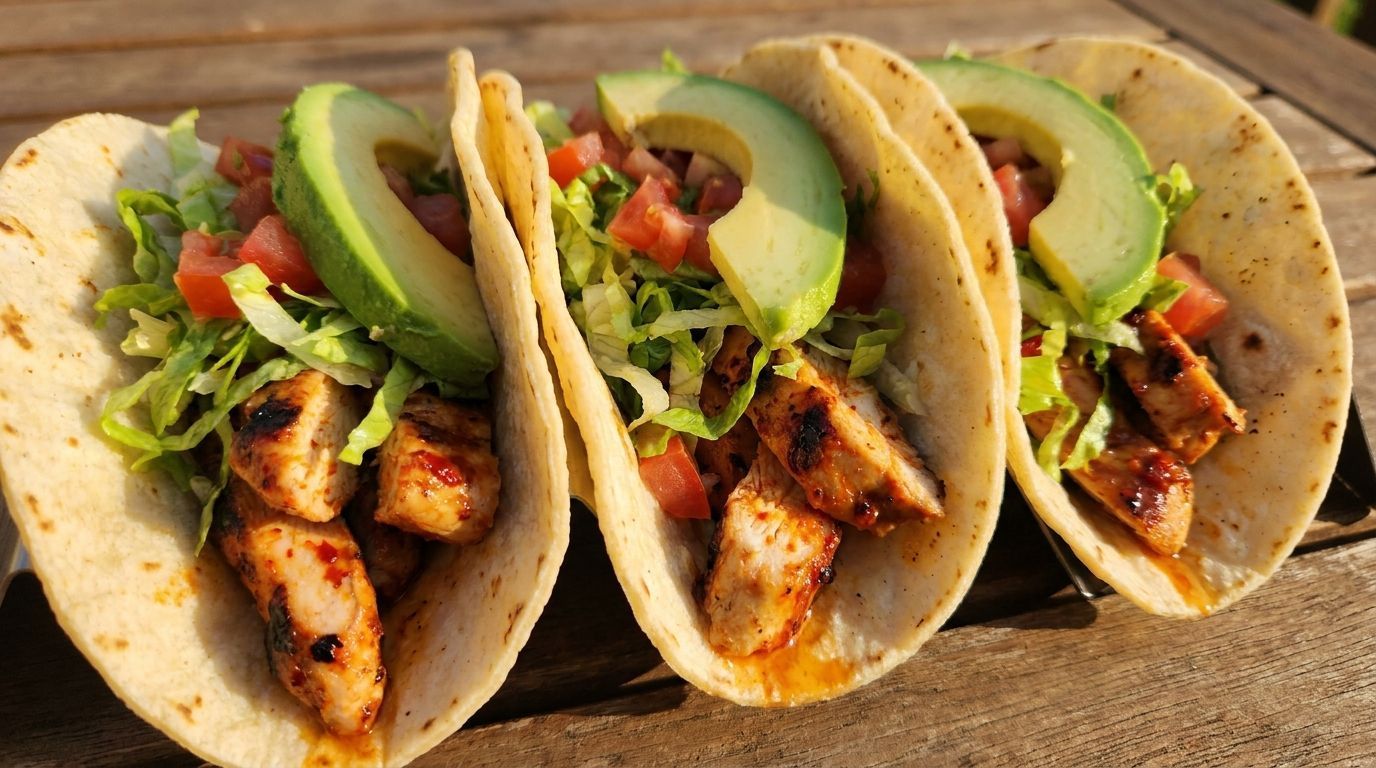 Three grilled chicken tacos with avocado, lettuce, and salsa on a plate