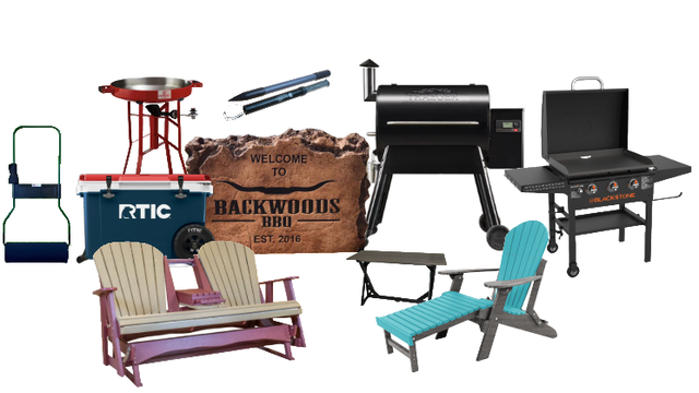 Assorted outdoor chairs, grills, and sports gear grouped on a white background.