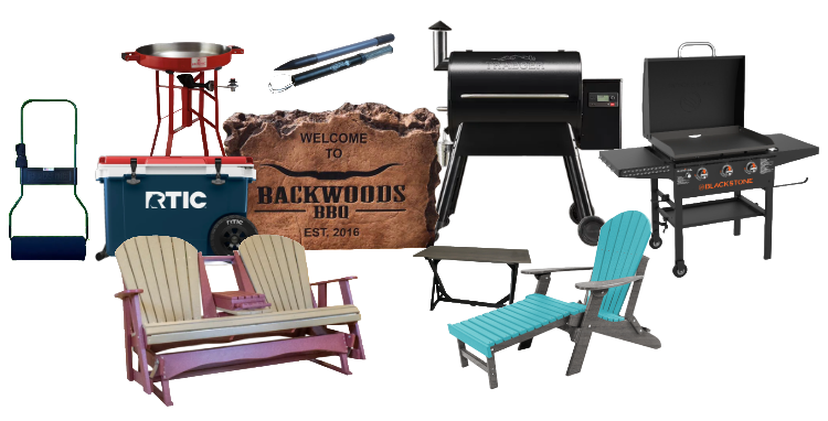 a collage of grills, patio furniture, coolers, and ornamental booldes