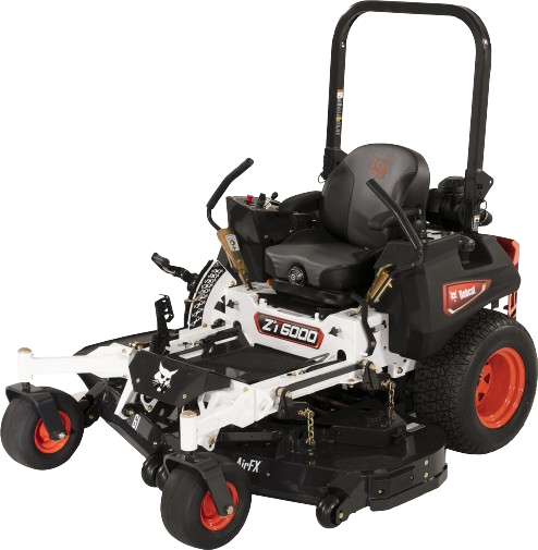 a black and white lawn mower with orange wheels on a white background .