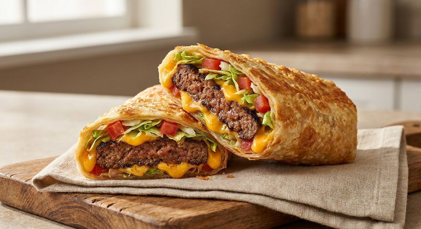 Two cut burrito halves with beef, cheese, lettuce, and tomatoes on a cutting board