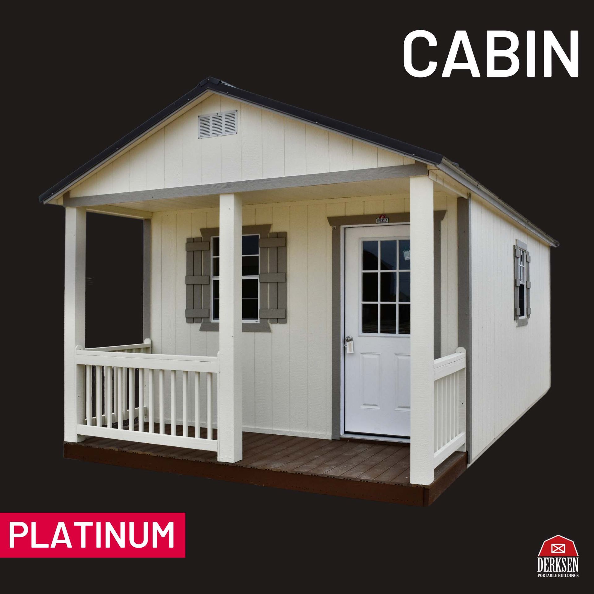 a white cabin with a porch and a platinum logo