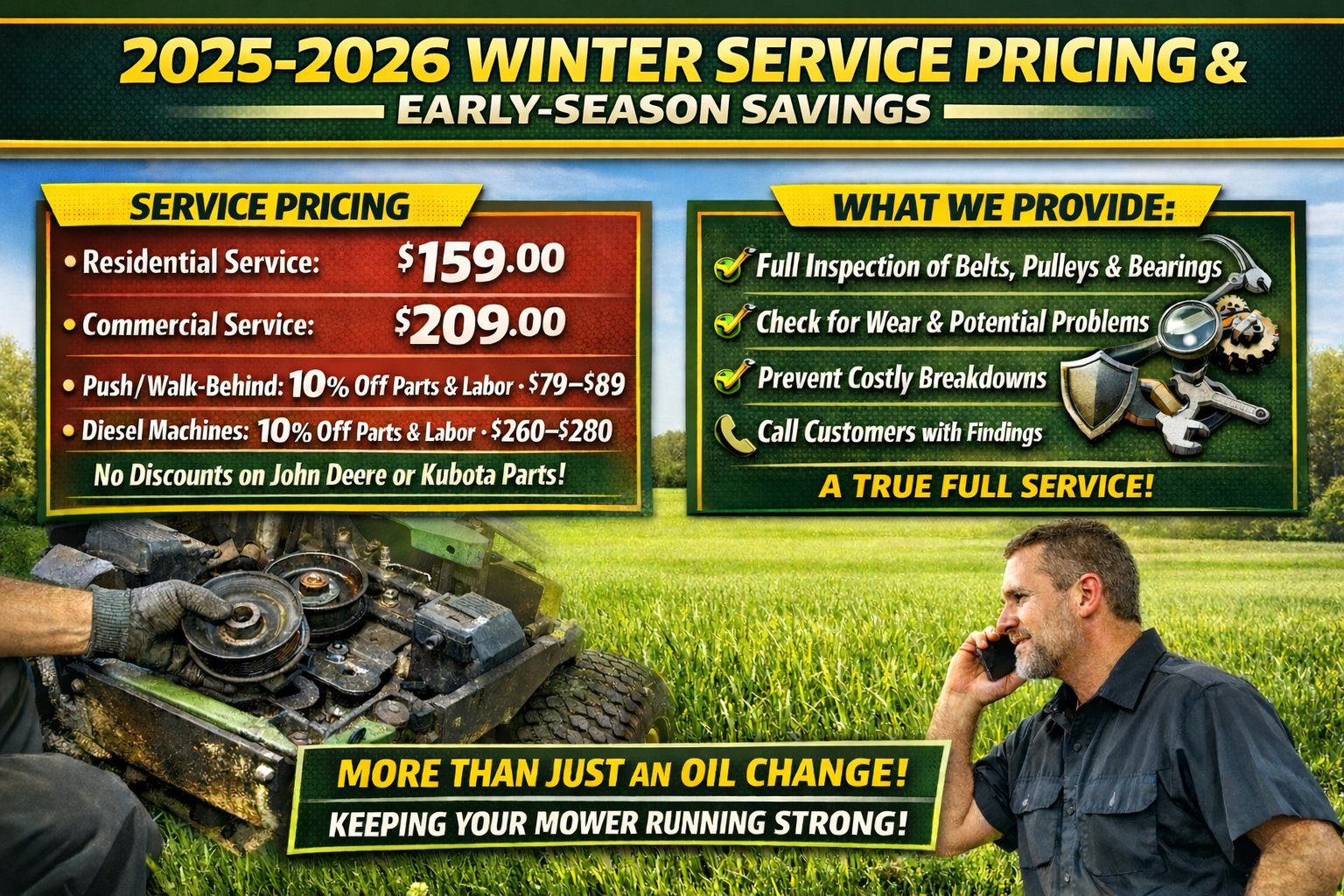 A poster for a m & d enterprises winter mower service special.