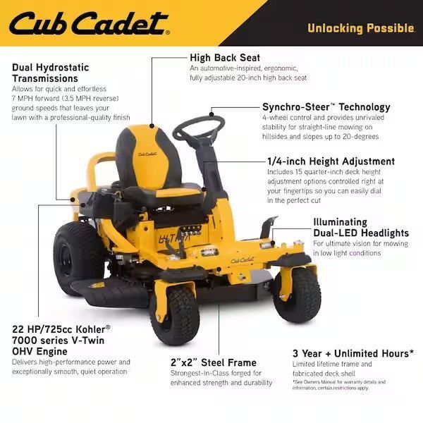 A yellow and black cub cadet lawn mower with a high back seat