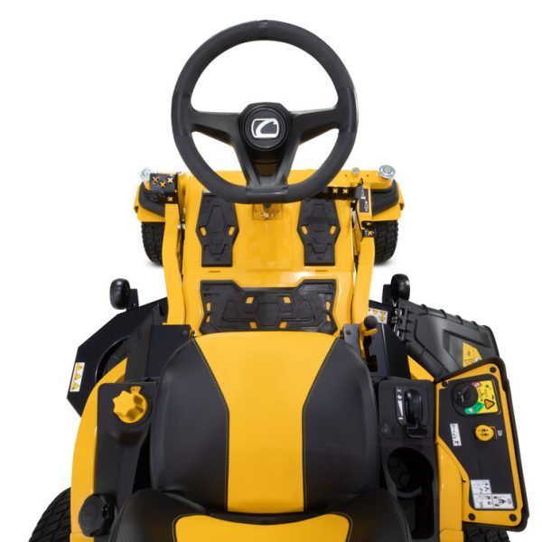 A yellow and black lawn mower with a steering wheel