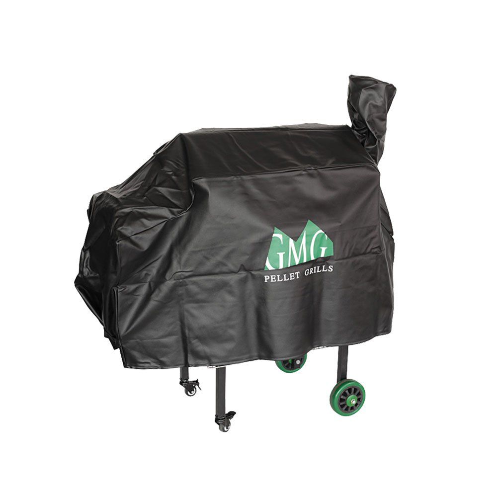 a black gmg pellet grill cover with green wheels