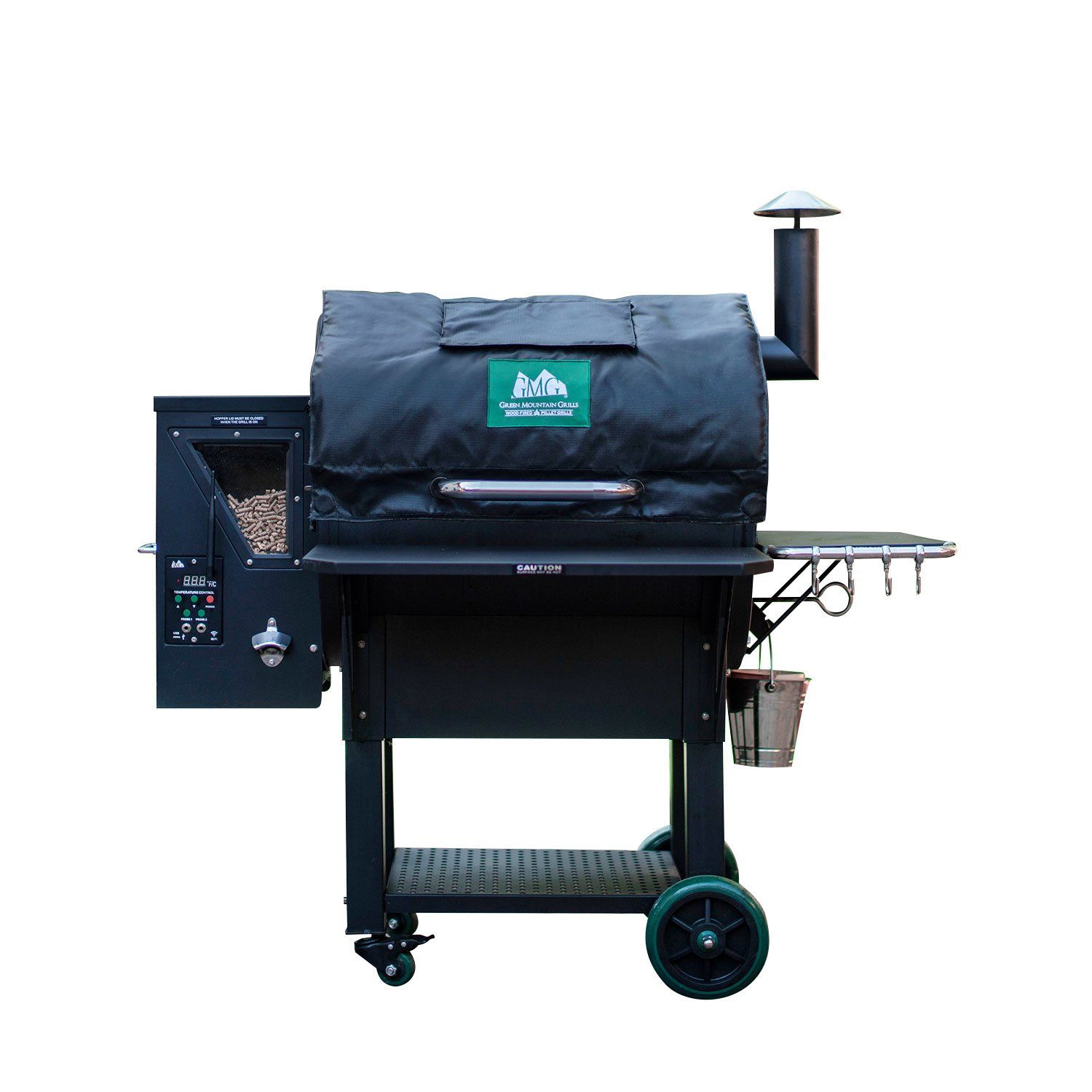 a black grill with a green label that says smokehouse