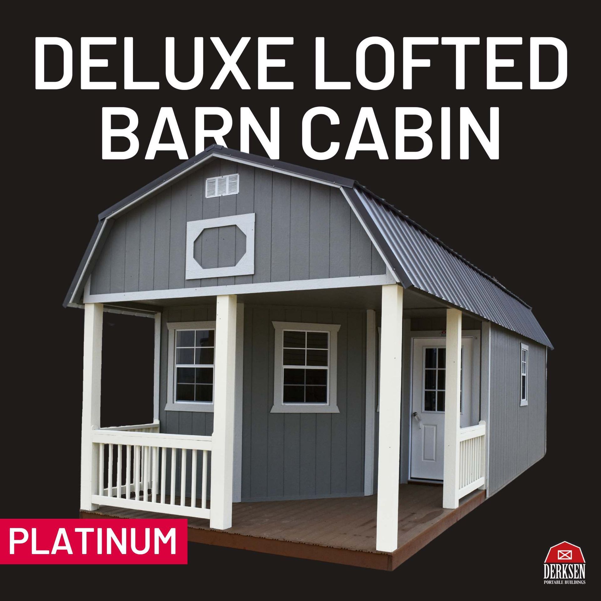 a picture of a deluxe lofted barn cabin with a porch