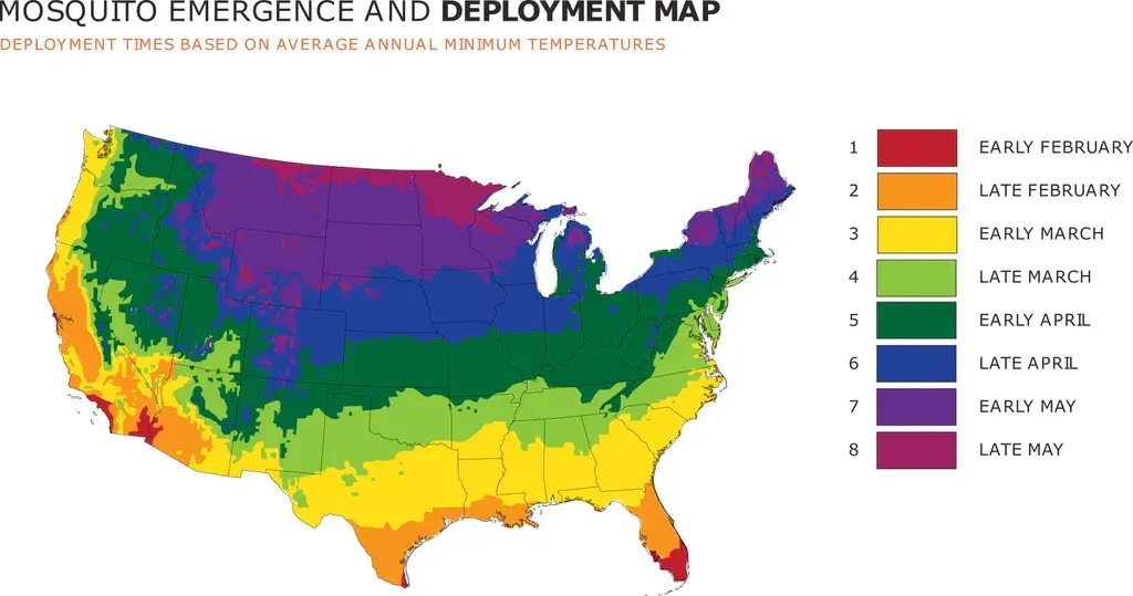 a map showing mosquito emergence and deployment times based on average annual minimum temperatures