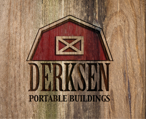 Derksen portable buildings logo on a wooden background