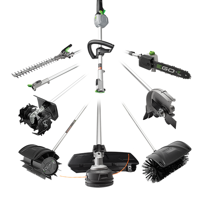 a ego trimmer  with many different attachments