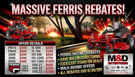 Ferris Mowers rebate poster listing eligible models, rebate amounts, and product photos